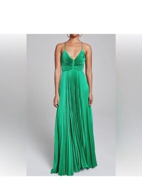 A.L.C. Aries Green Pleated V-Neck Spaghetti Strap Maxi Dress